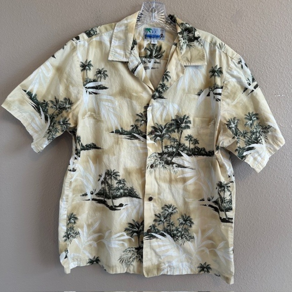RJC Hawaii Men's Beige‎ Palm Tree Beach Tropical Summer Button Up Camp Shirt LG